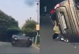 पलटी तेज रफ्तार कार, शीशे से बाहर उछला यात्री, देखें वीडियो